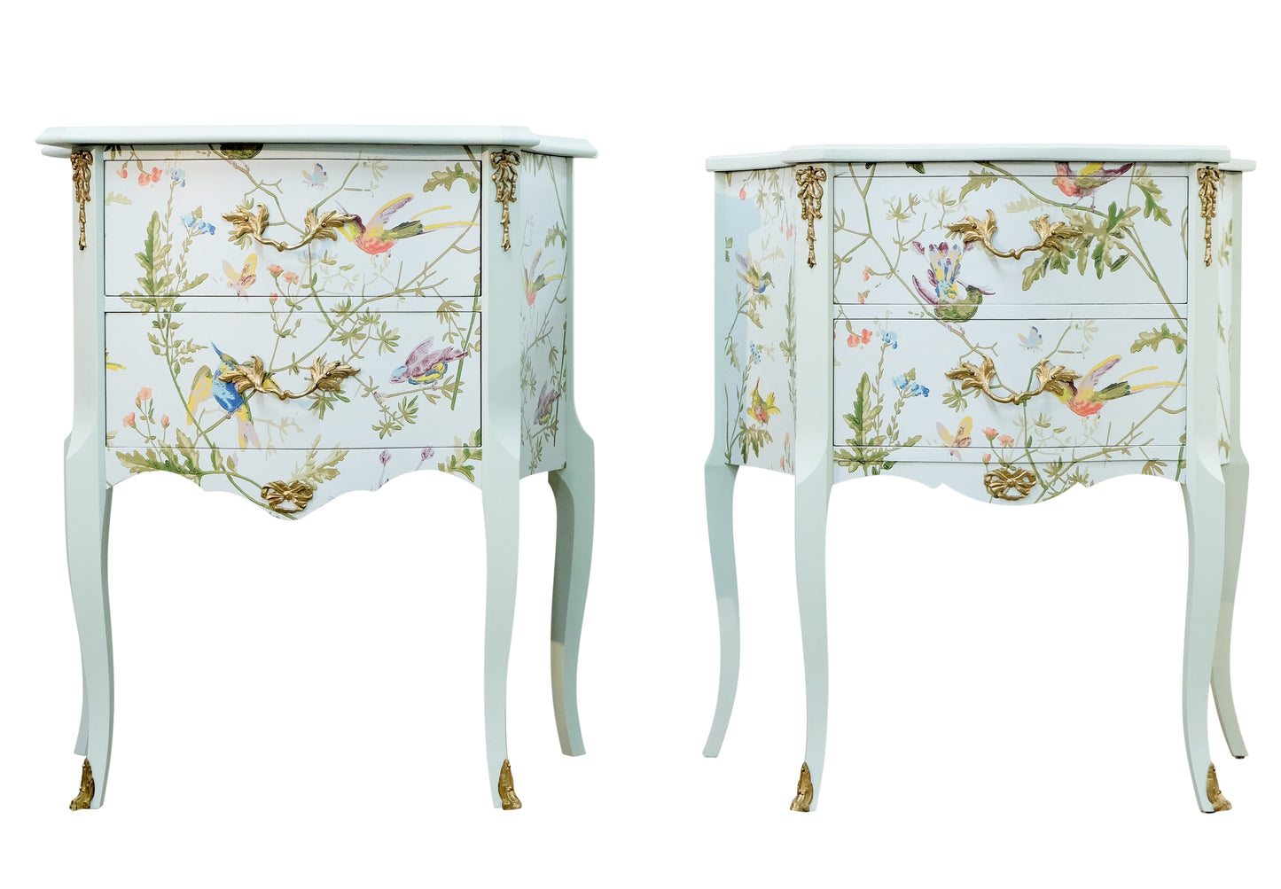 A Pair of Louis XV Style Bedside Tables with Floral Design and Marble Tops