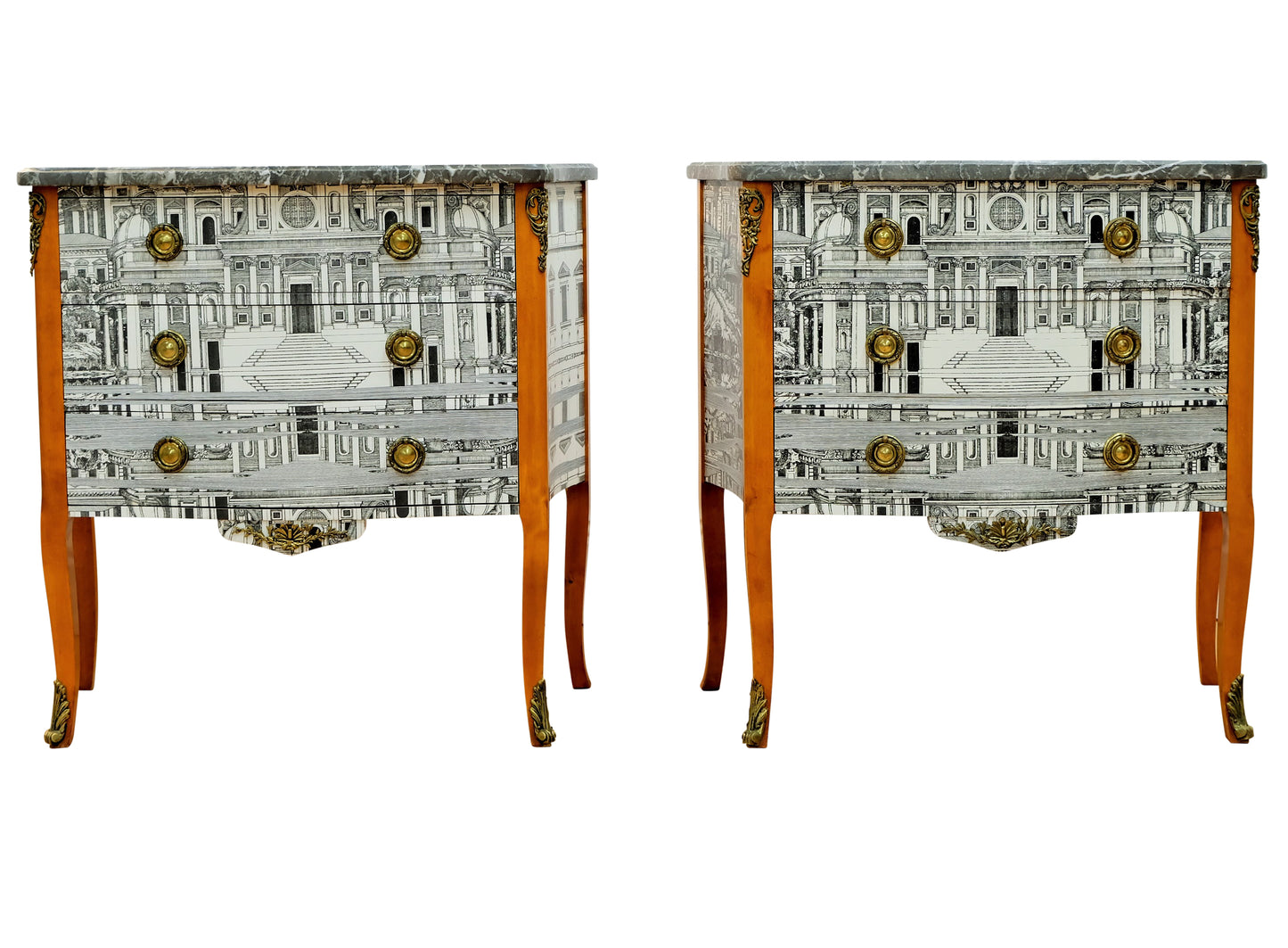 Pair of Louis XV Style Chest with Fornasetti Pattern of Ancient Rome and Grey Marble Top