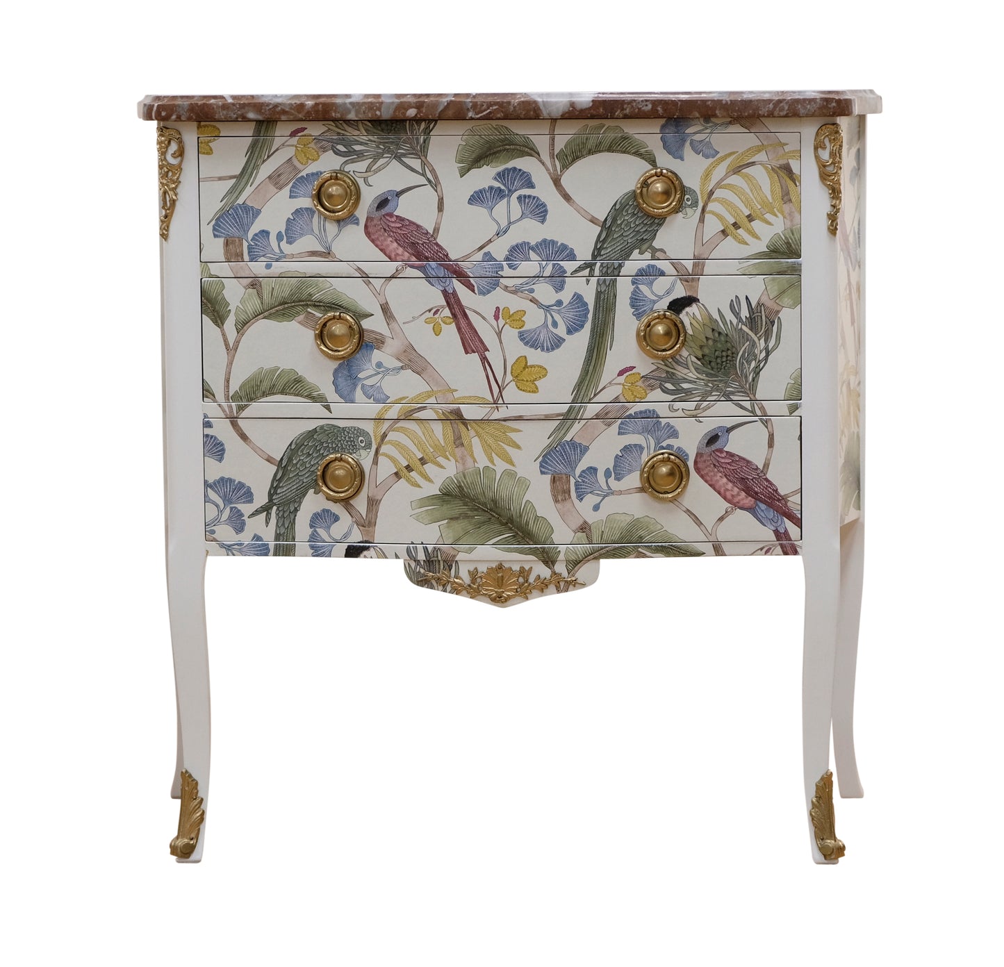 Louis XV style 3 drawer chest with exotic birds design and natural marble top
