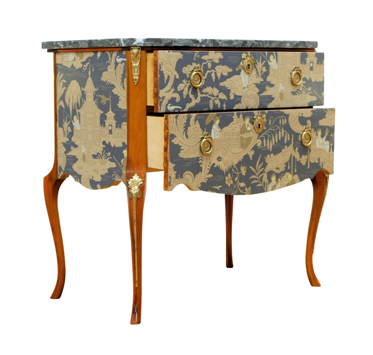 Gustavian Style Commode with natural marble top and Chinoiserie Design