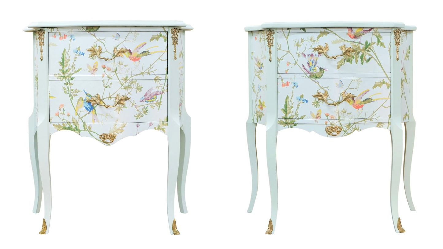 A Pair of Louis XV Style Bedside Tables with Floral Design and Marble Tops