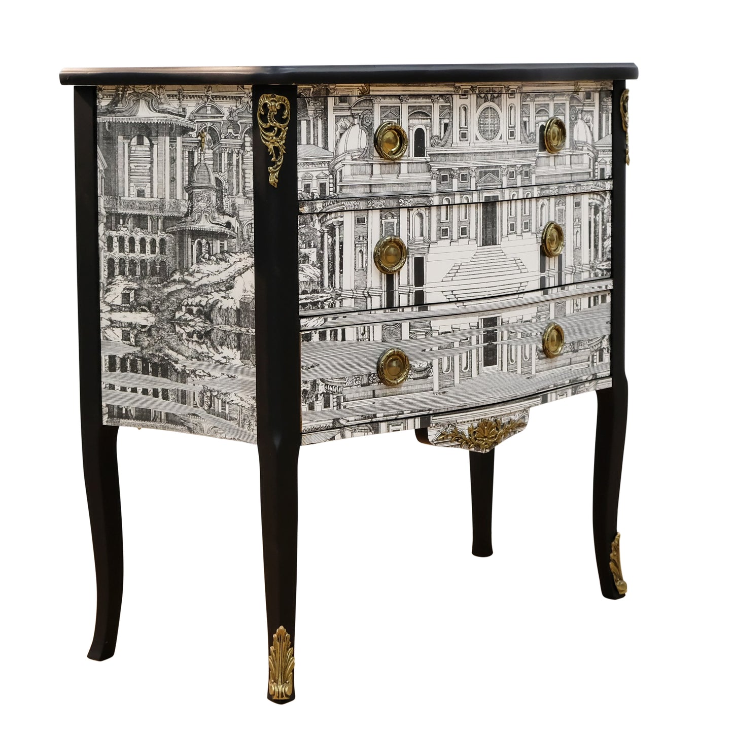 Louis XV Style Chest with Fornasetti Pattern of Ancient Rome and Black Marble Top
