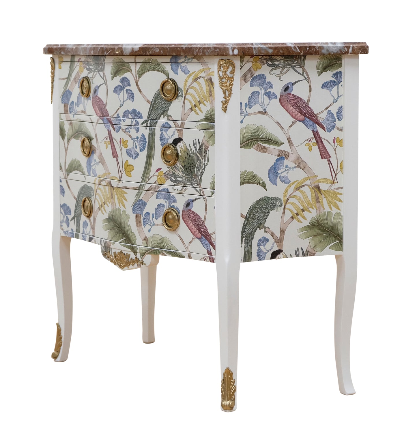 Louis XV style 3 drawer chest with exotic birds design and natural marble top