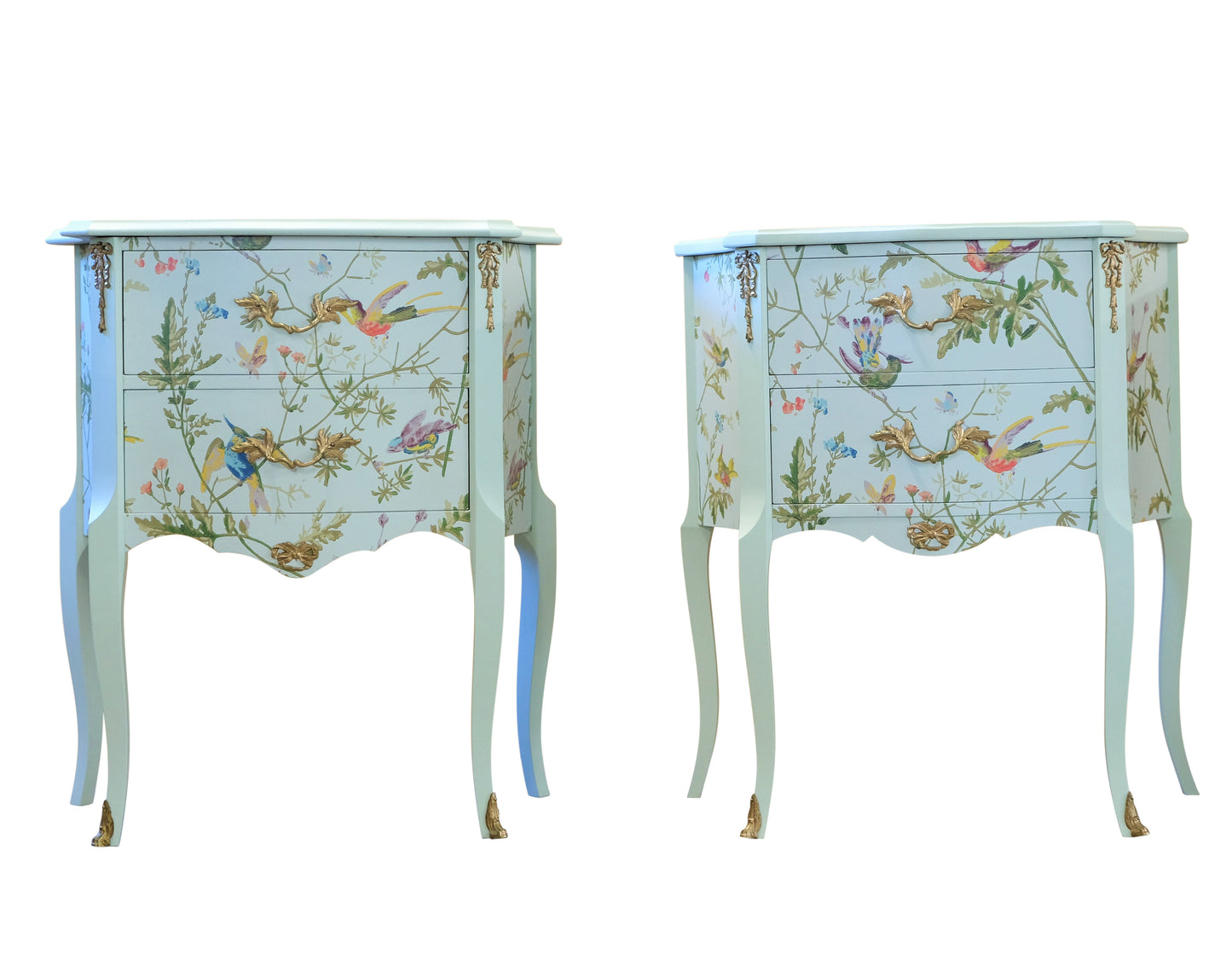 A Pair of Louis XV Style Bedside Tables with Floral Design and Marble Tops