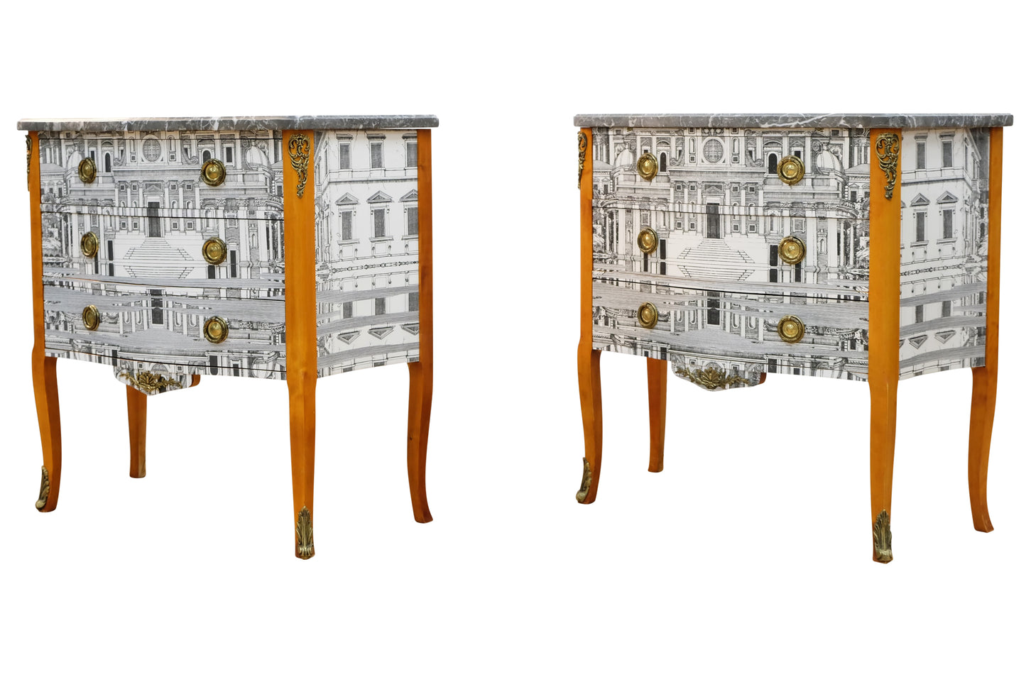 Pair of Louis XV Style Chest with Fornasetti Pattern of Ancient Rome and Grey Marble Top