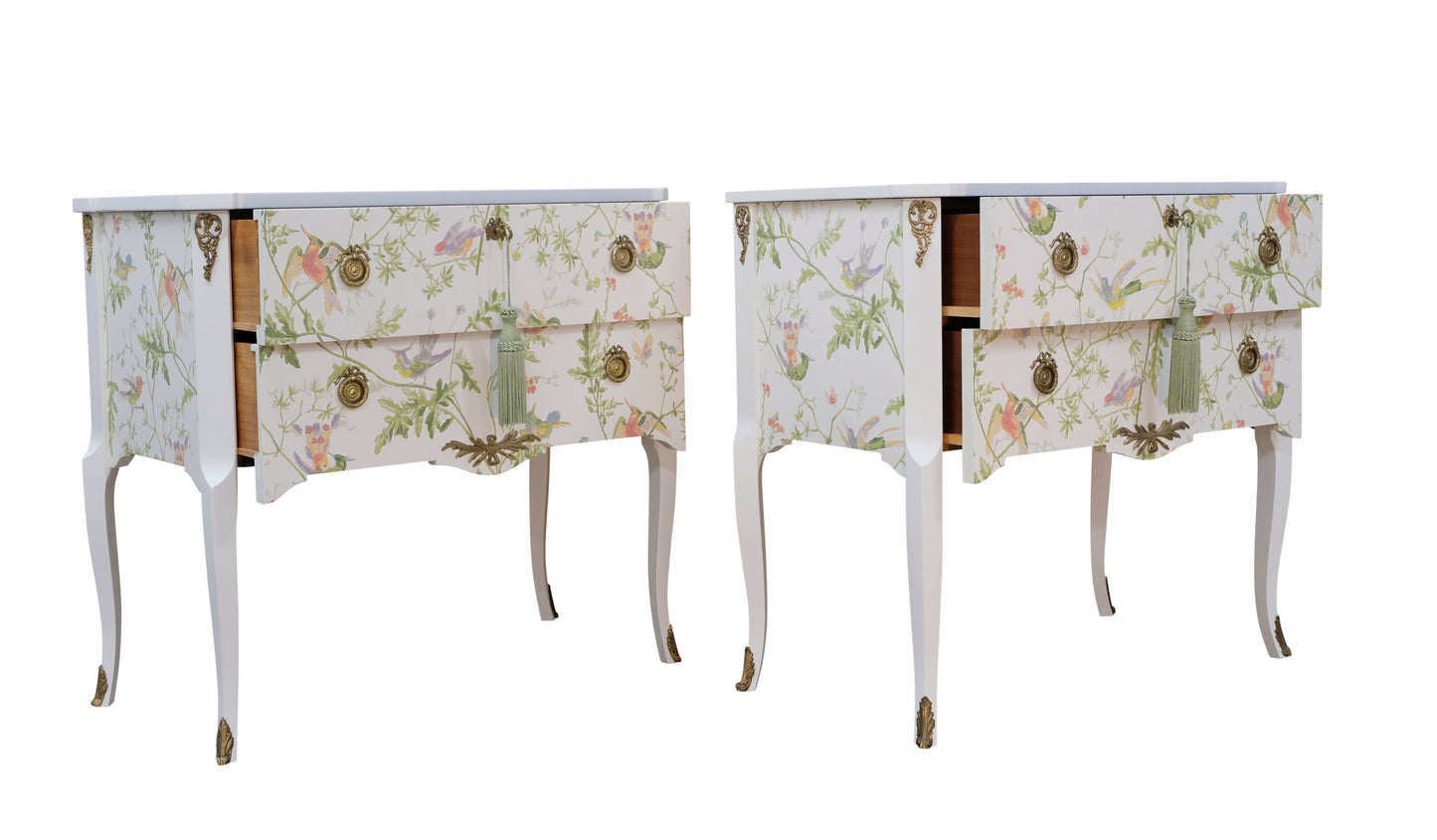 Pair of Louis XV Style Chest with Floral Design and Marble Top