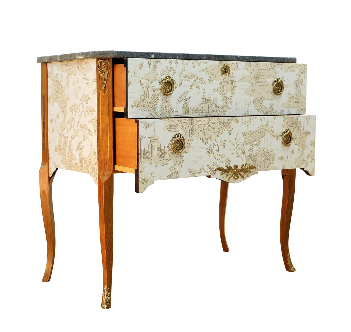 Gustavian Style Commode with natural marble top and Chinoiserie Design