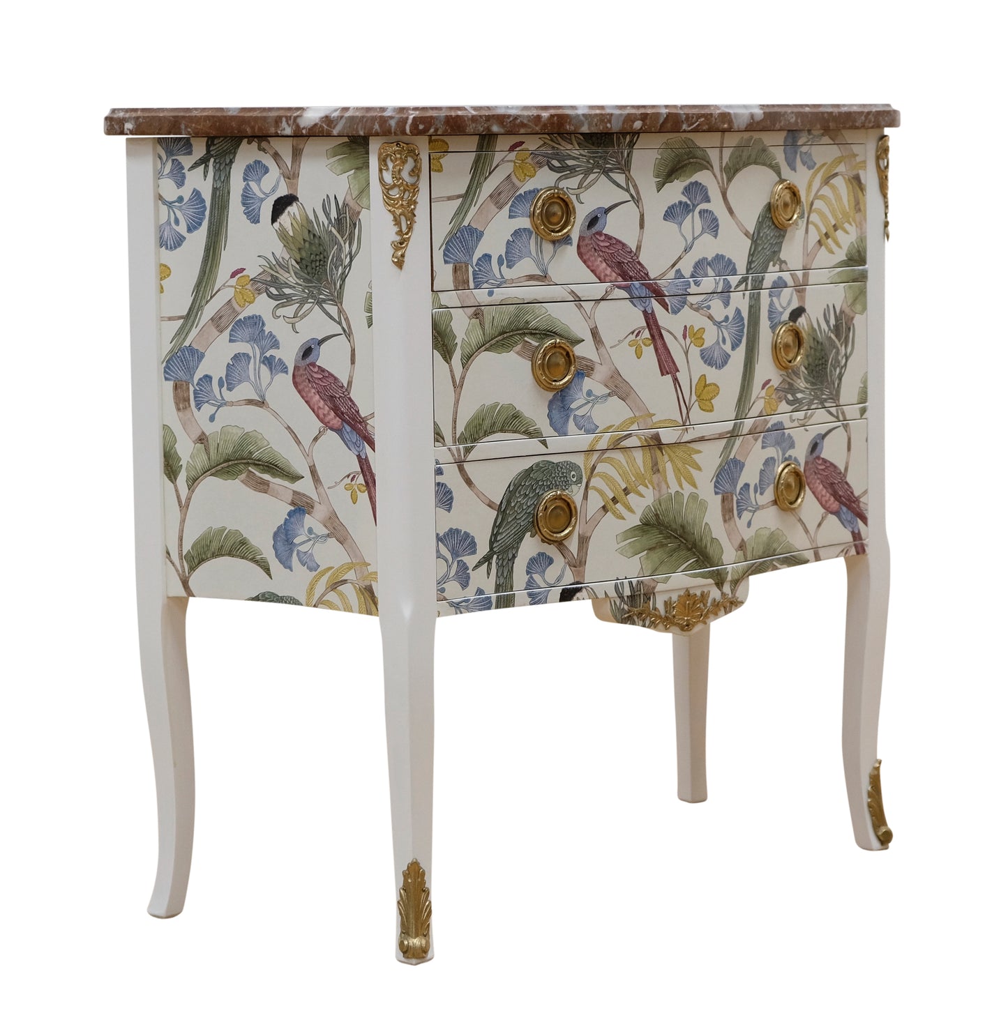 Louis XV style 3 drawer chest with exotic birds design and natural marble top