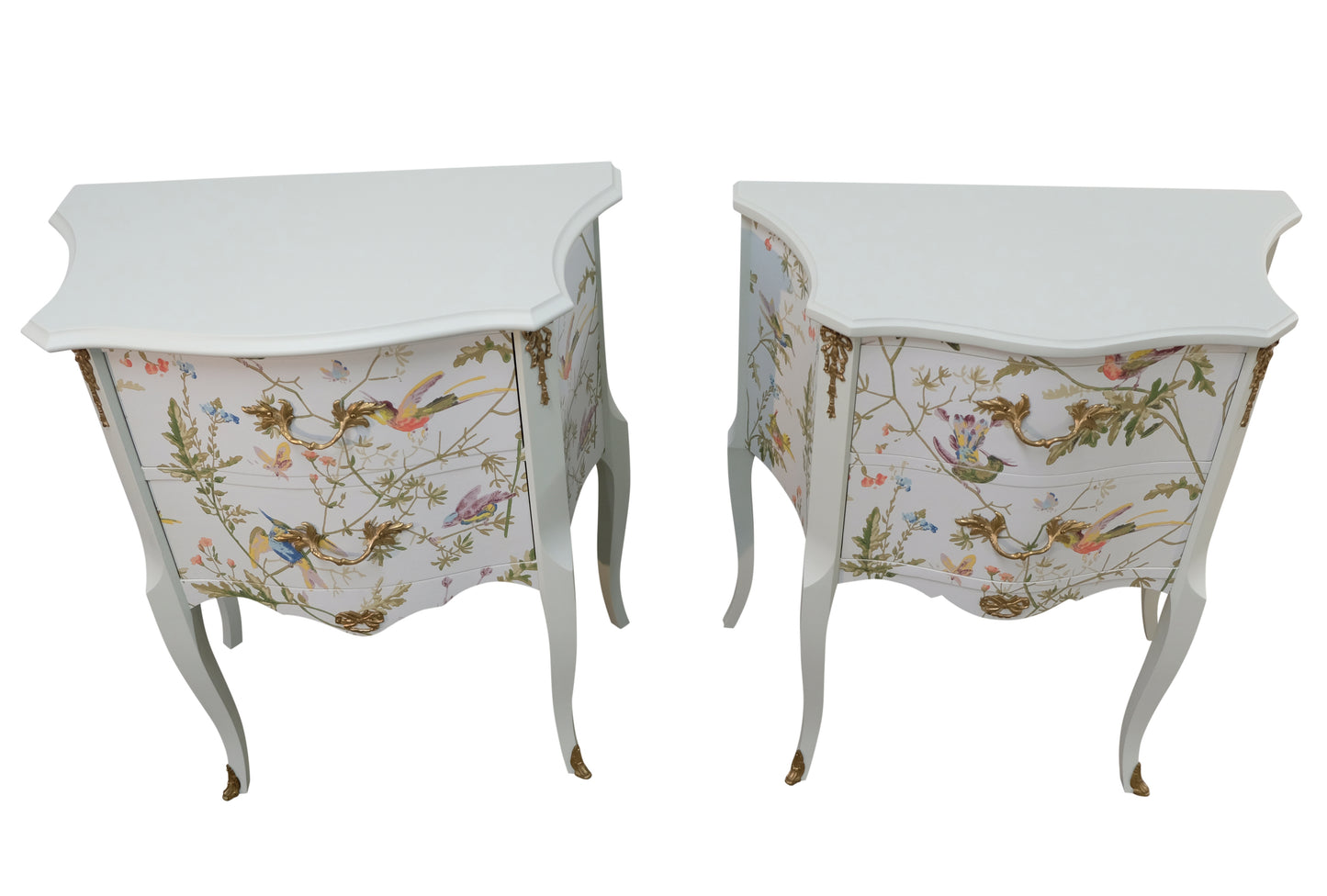 A Pair of Louis XV Style Bedside Tables with Floral Design and Marble Tops