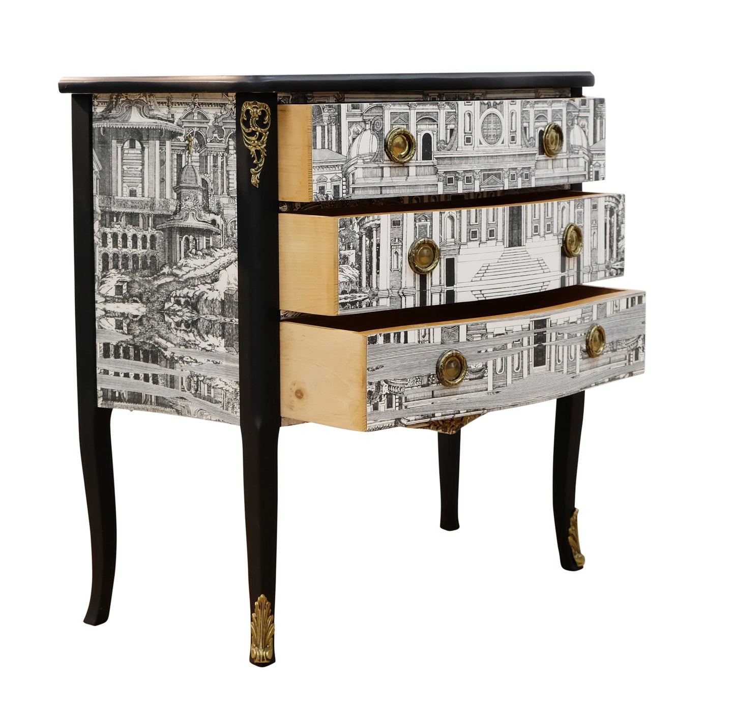 Louis XV Style Chest with Fornasetti Pattern of Ancient Rome and Black Marble Top