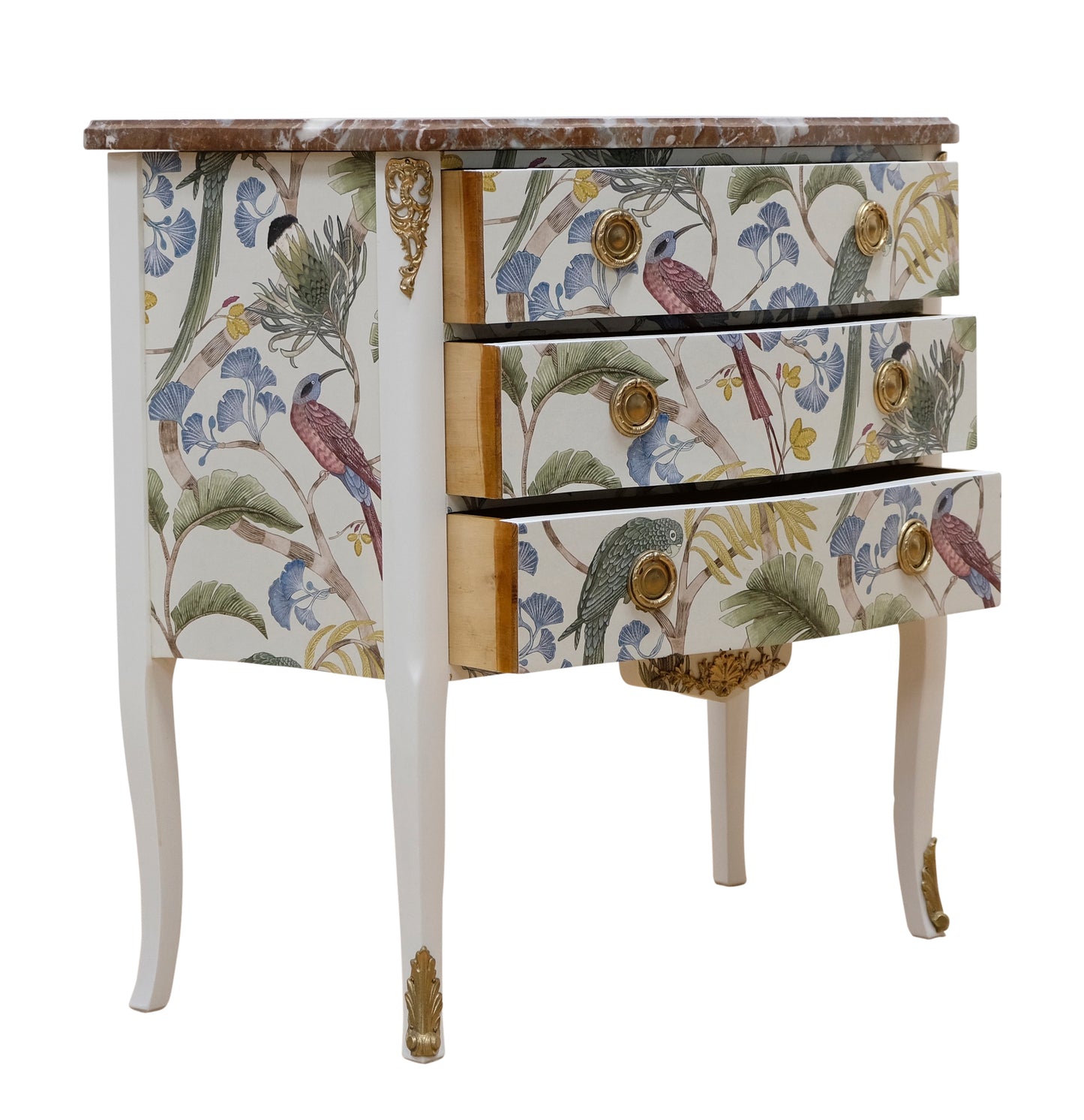 Louis XV style 3 drawer chest with exotic birds design and natural marble top