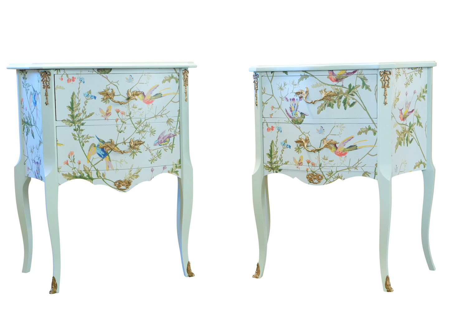 A Pair of Louis XV Style Bedside Tables with Floral Design and Marble Tops