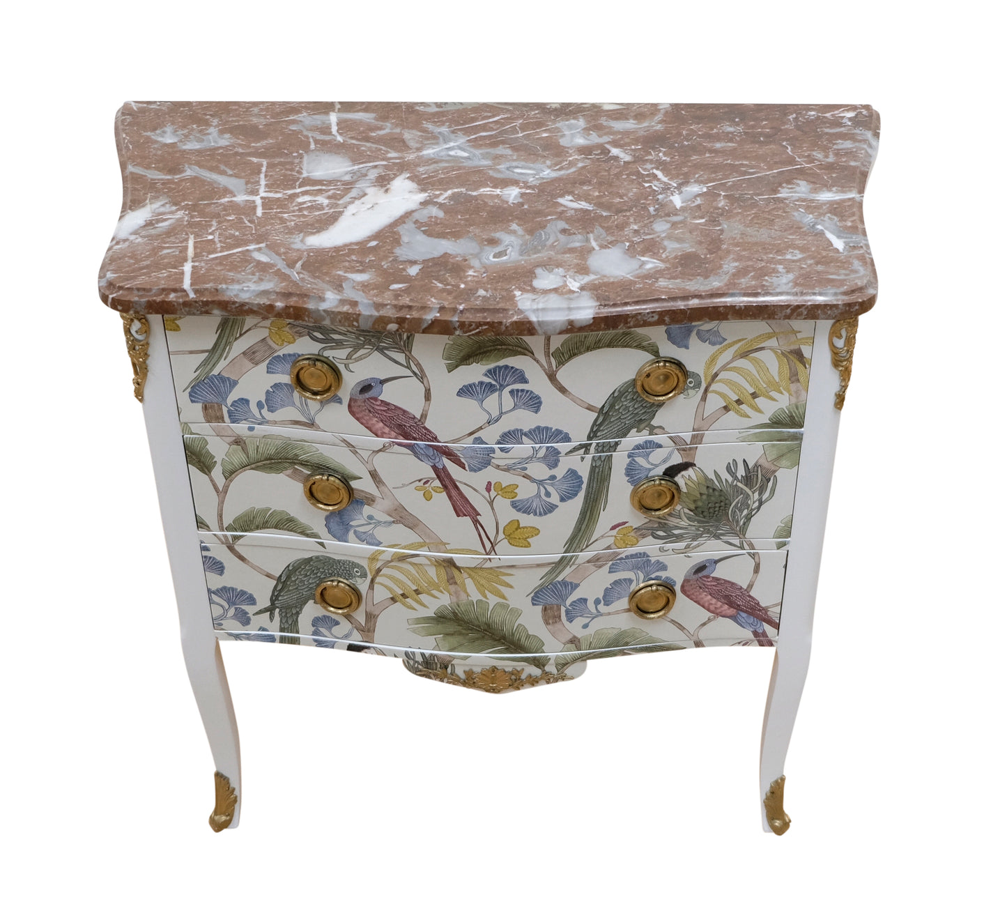 Louis XV style 3 drawer chest with exotic birds design and natural marble top