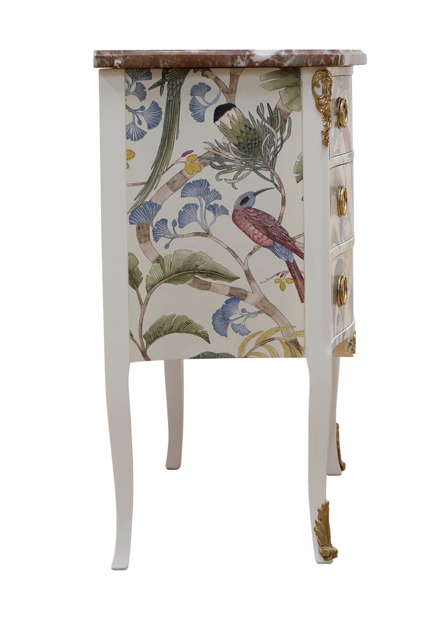 Louis XV style 3 drawer chest with exotic birds design and natural marble top