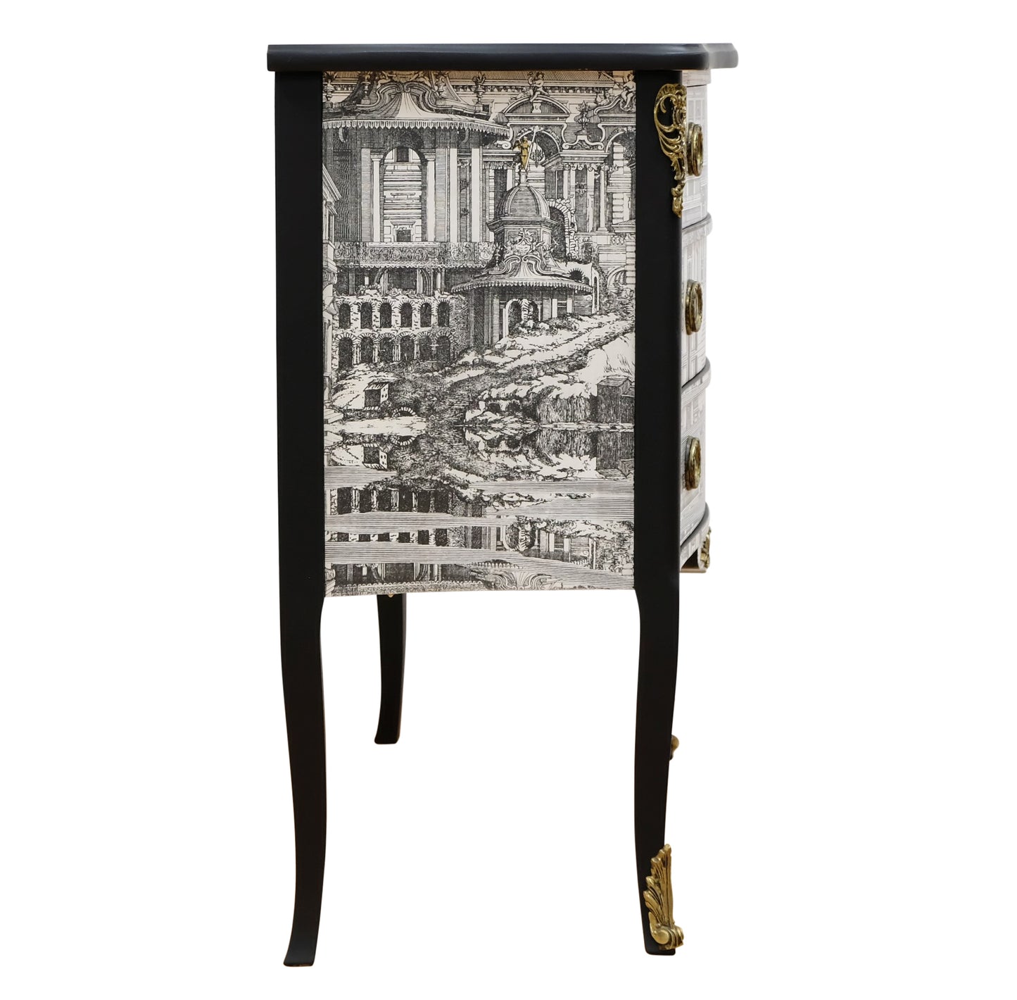 Louis XV Style Chest with Fornasetti Pattern of Ancient Rome and Black Marble Top