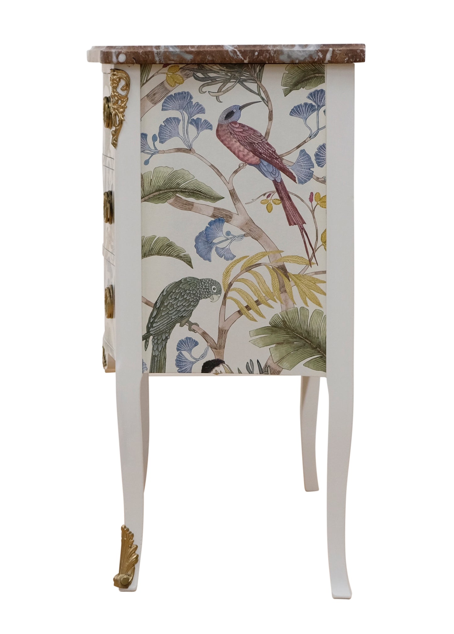 Louis XV style 3 drawer chest with exotic birds design and natural marble top