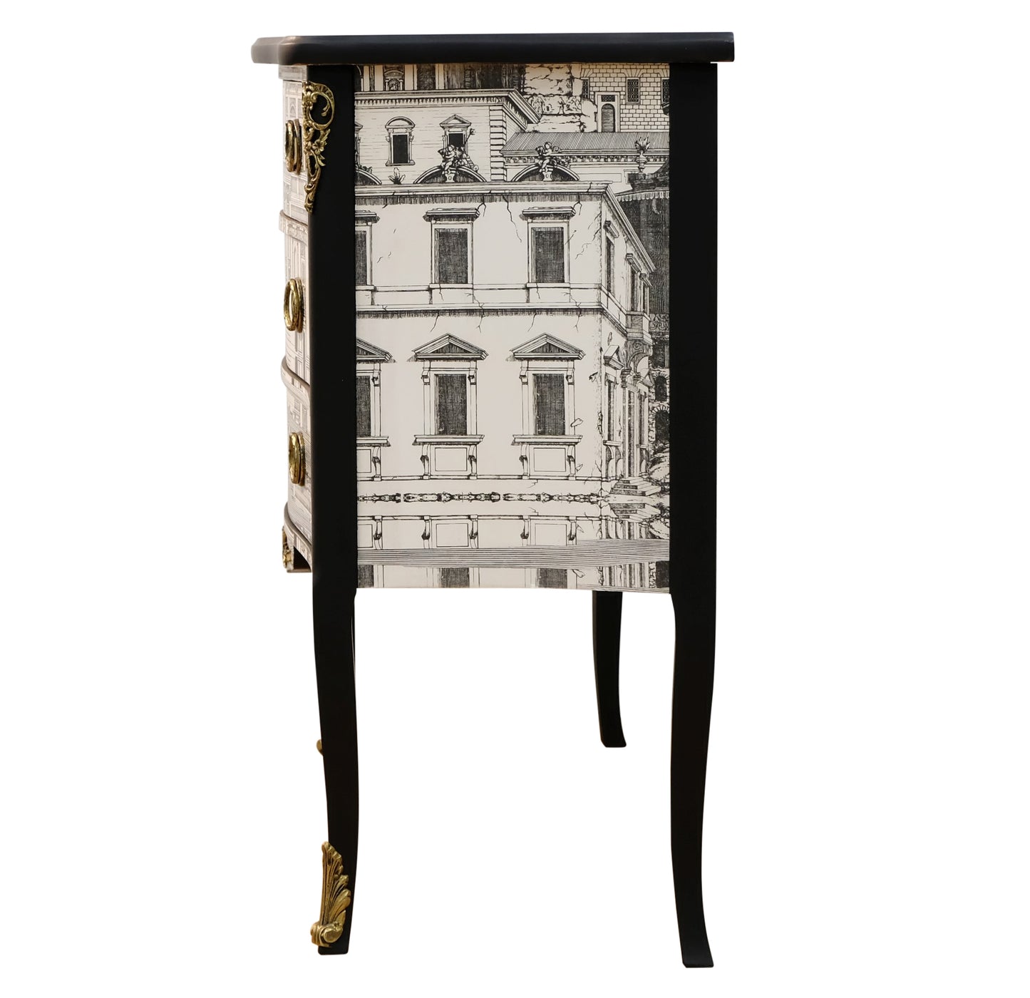 Louis XV Style Chest with Fornasetti Pattern of Ancient Rome and Black Marble Top