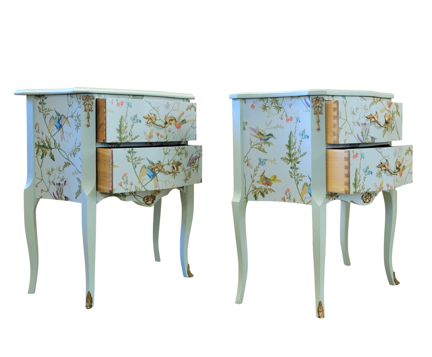 A Pair of Louis XV Style Bedside Tables with Floral Design and Marble Tops