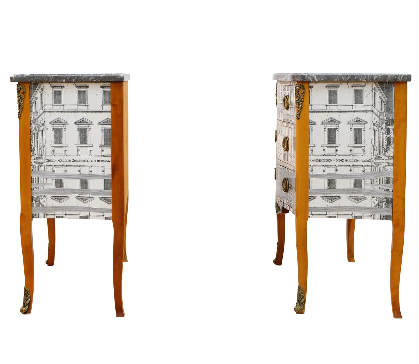 Pair of Louis XV Style Chest with Fornasetti Pattern of Ancient Rome and Grey Marble Top