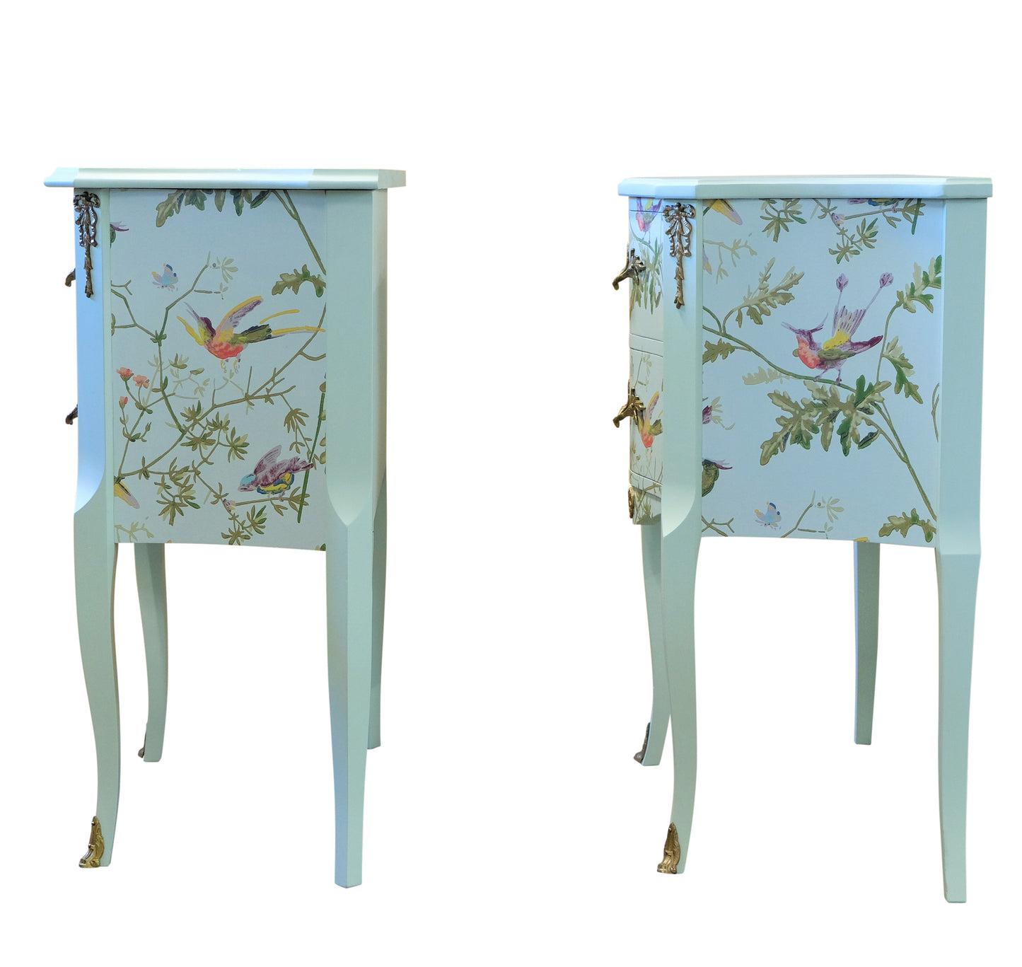 A Pair of Louis XV Style Bedside Tables with Floral Design and Marble Tops