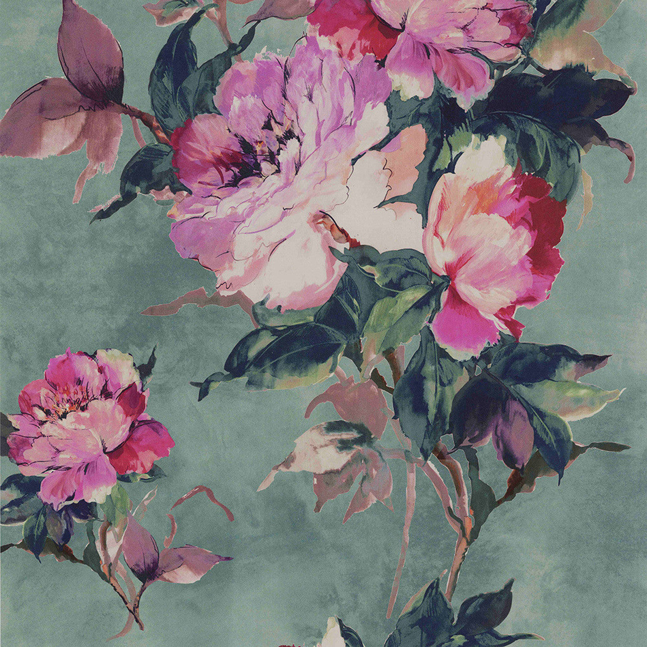 Madama Butterfly Teal Green Luxury Floral Wallpaper - 1838 wallcoverings