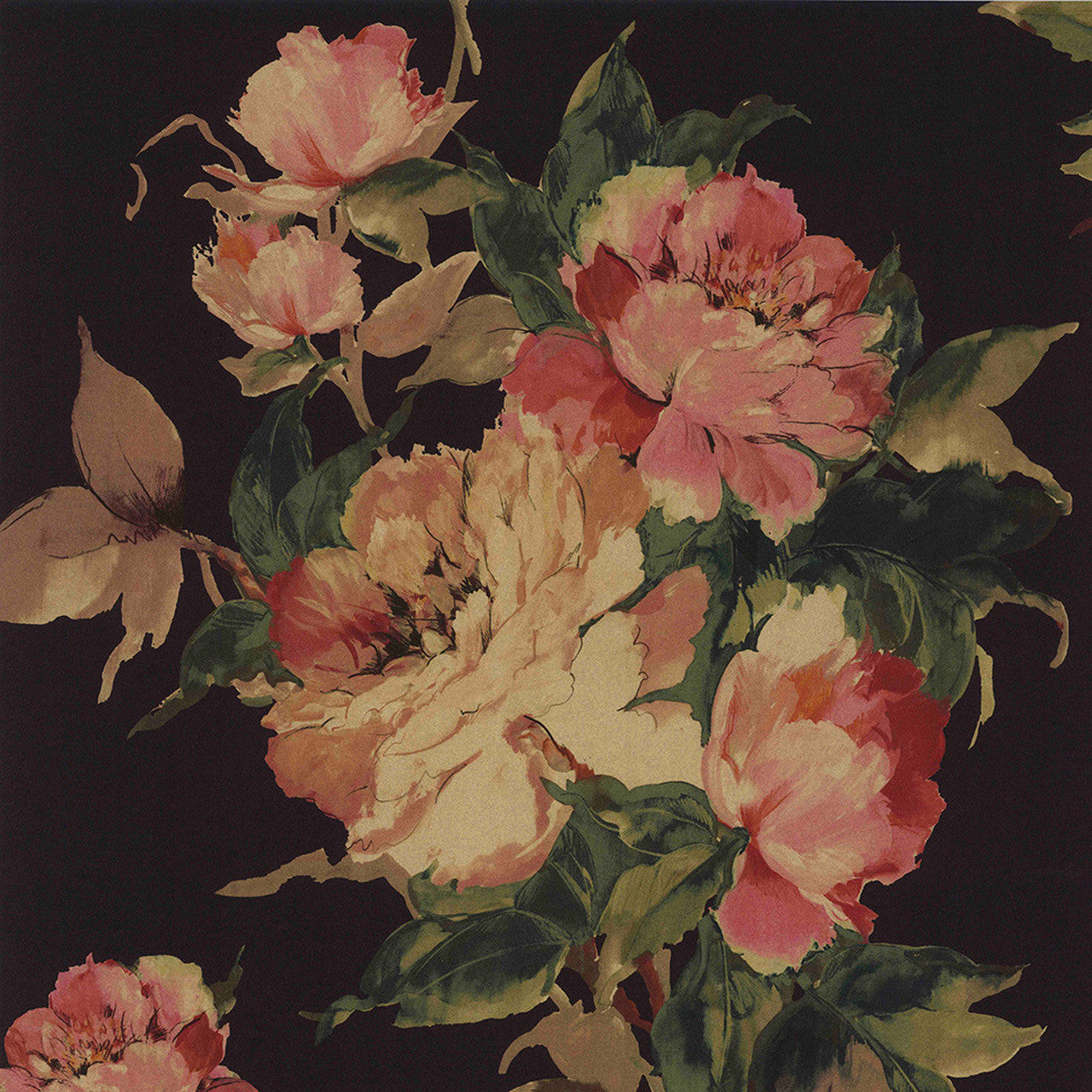 Madama Butterfly Ebony Black Luxury Floral Wallpaper - 1838 wallcoverings
