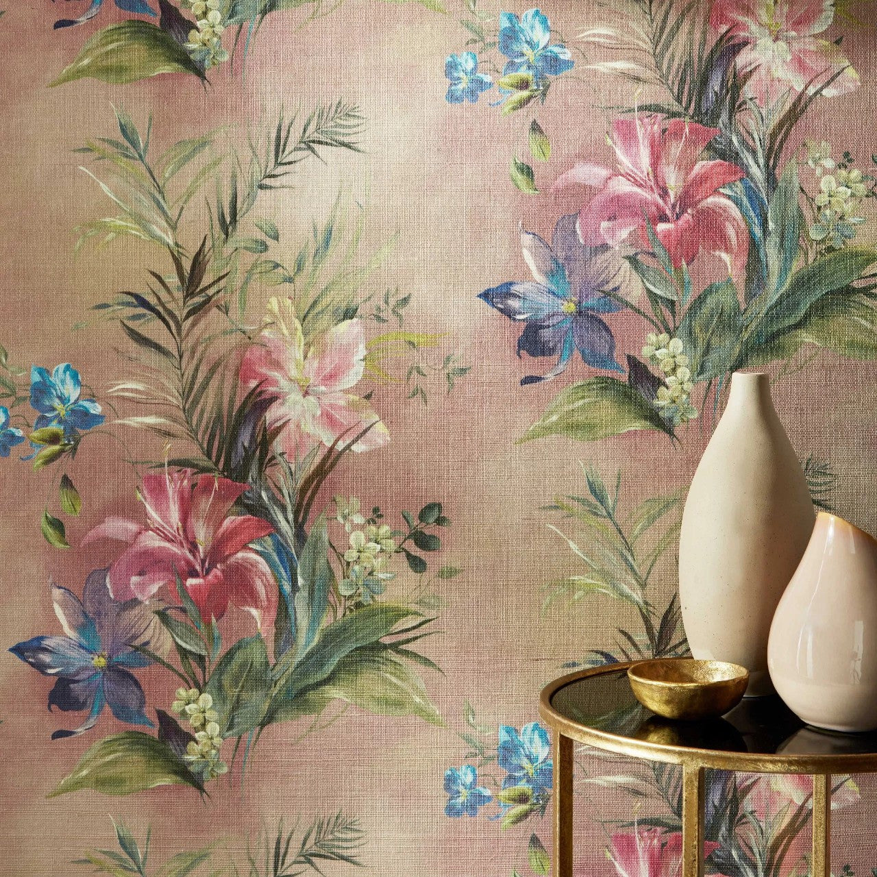 Lilliana Blush Pink Luxury Floral Grasscloth Wallpaper - 1838 wallcoverings