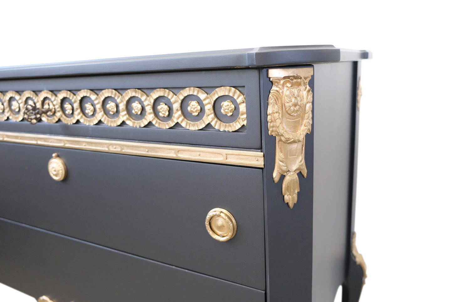 Gustavian Haupt Chest with Three Drawers in a black finish with brass detailing