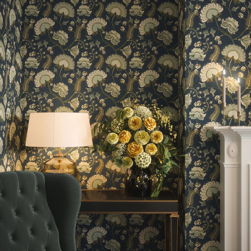 Beaumont Wallpaper - Olive & Sage Green on Classic Navy - Lucie Annabel