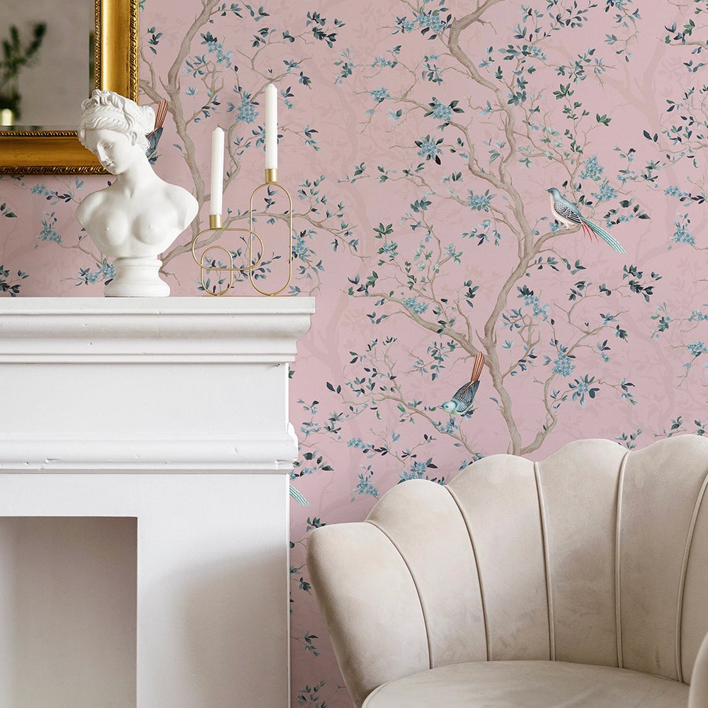 Branches and Birdsong Wallpaper - Rose - Lucie Annabel