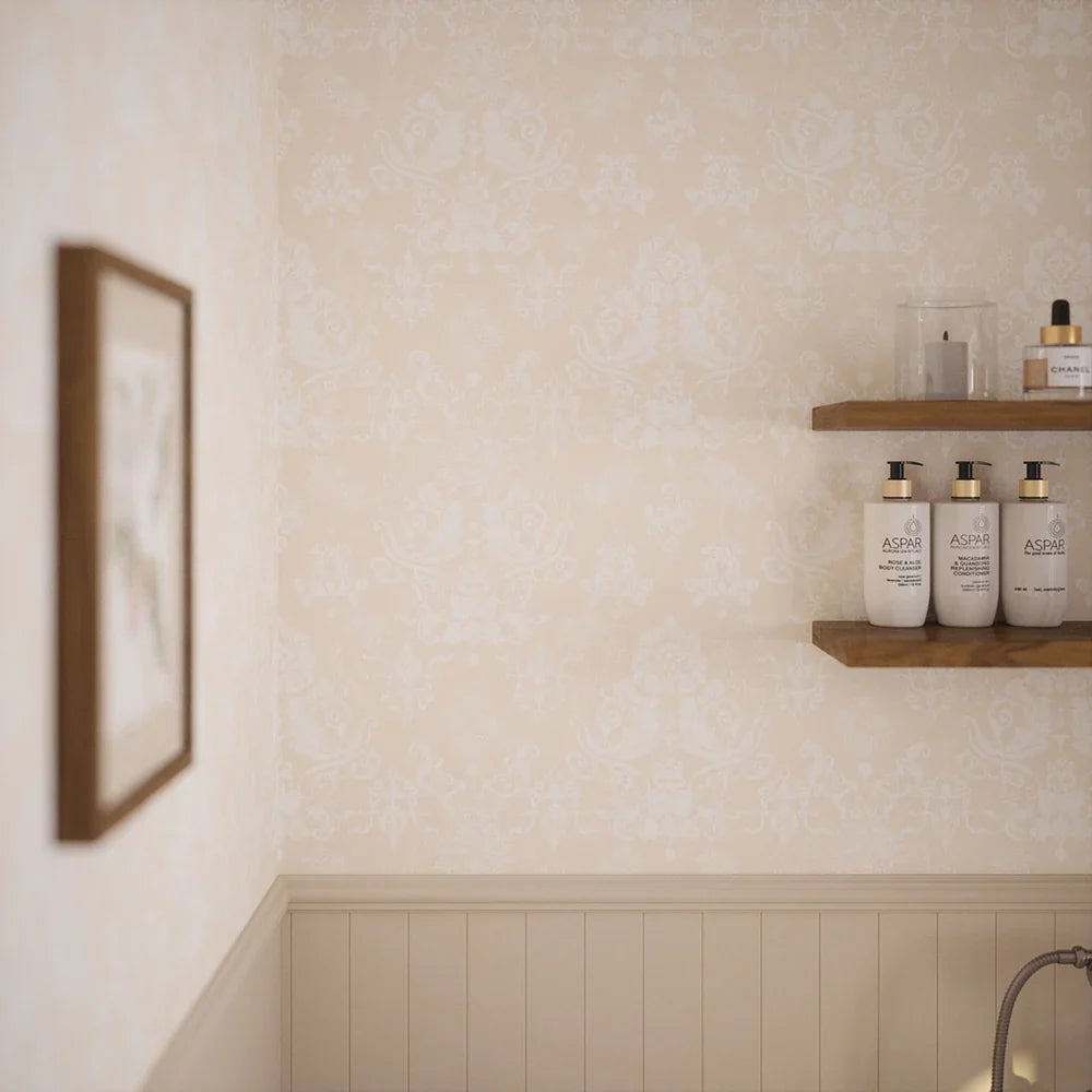 Bridgerton Damask Wallpaper - Classic Cream & Pearl White - Lucie Annabel