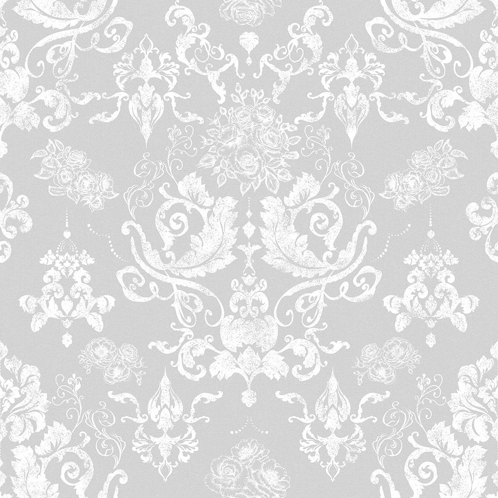 Bridgerton Damask Wallpaper - Classic Grey & Pearl White - Lucie Annabel