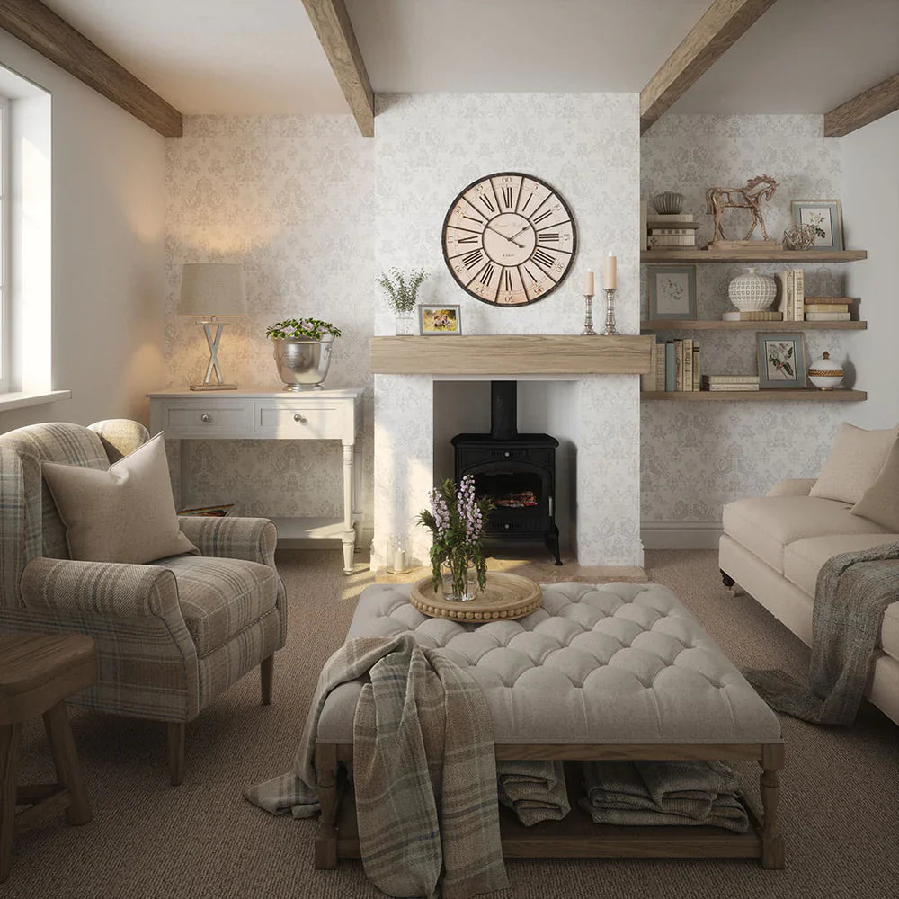 Bridgerton Damask Wallpaper - Pearl White & Vintage Grey - Lucie Annabel