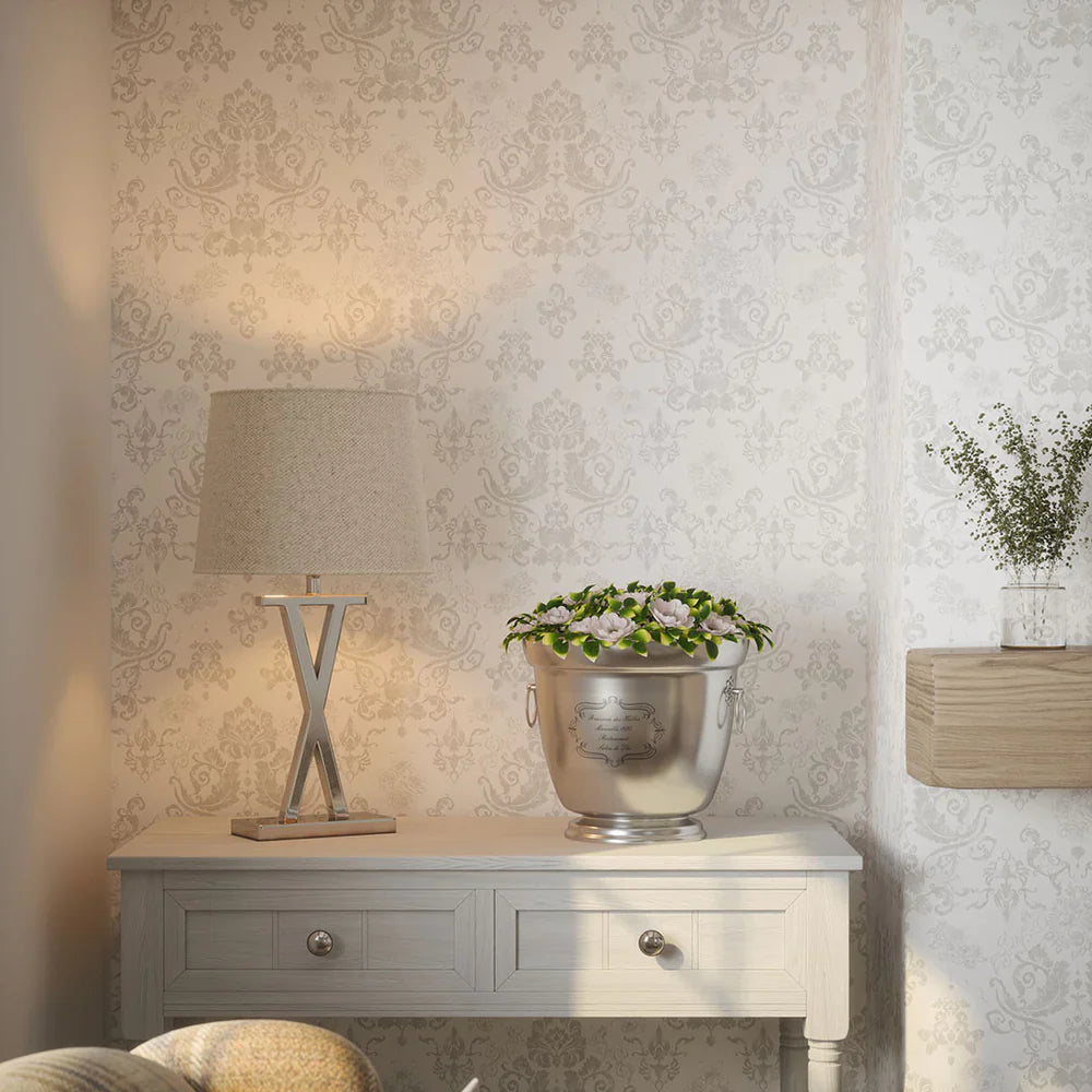 Bridgerton Damask Wallpaper - Pearl White & Vintage Grey - Lucie Annabel