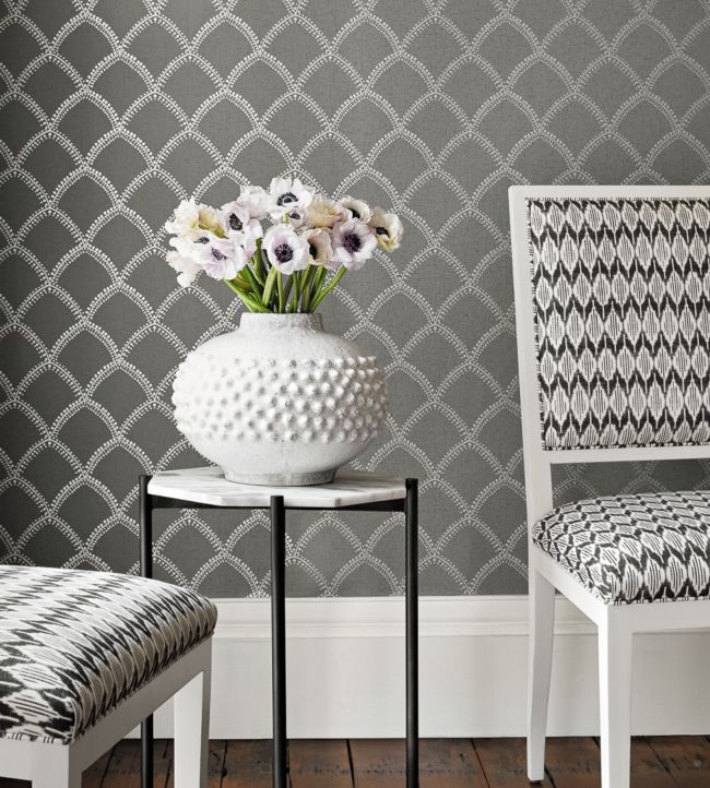 Burmese Wallpaper - Metallic Silver on Charcoal - AT7910 - Anna French