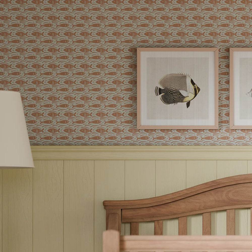 Catch of the Day Wallpaper - Autumn Spice on Duck Egg - Lucie Annabel