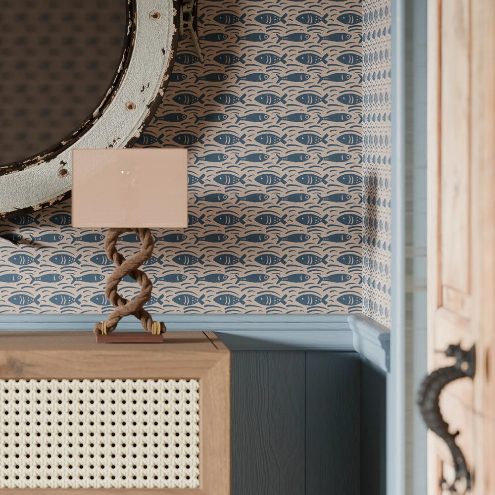 Catch of the Day Wallpaper - Classic Navy on Lady Coral - Lucie Annabel