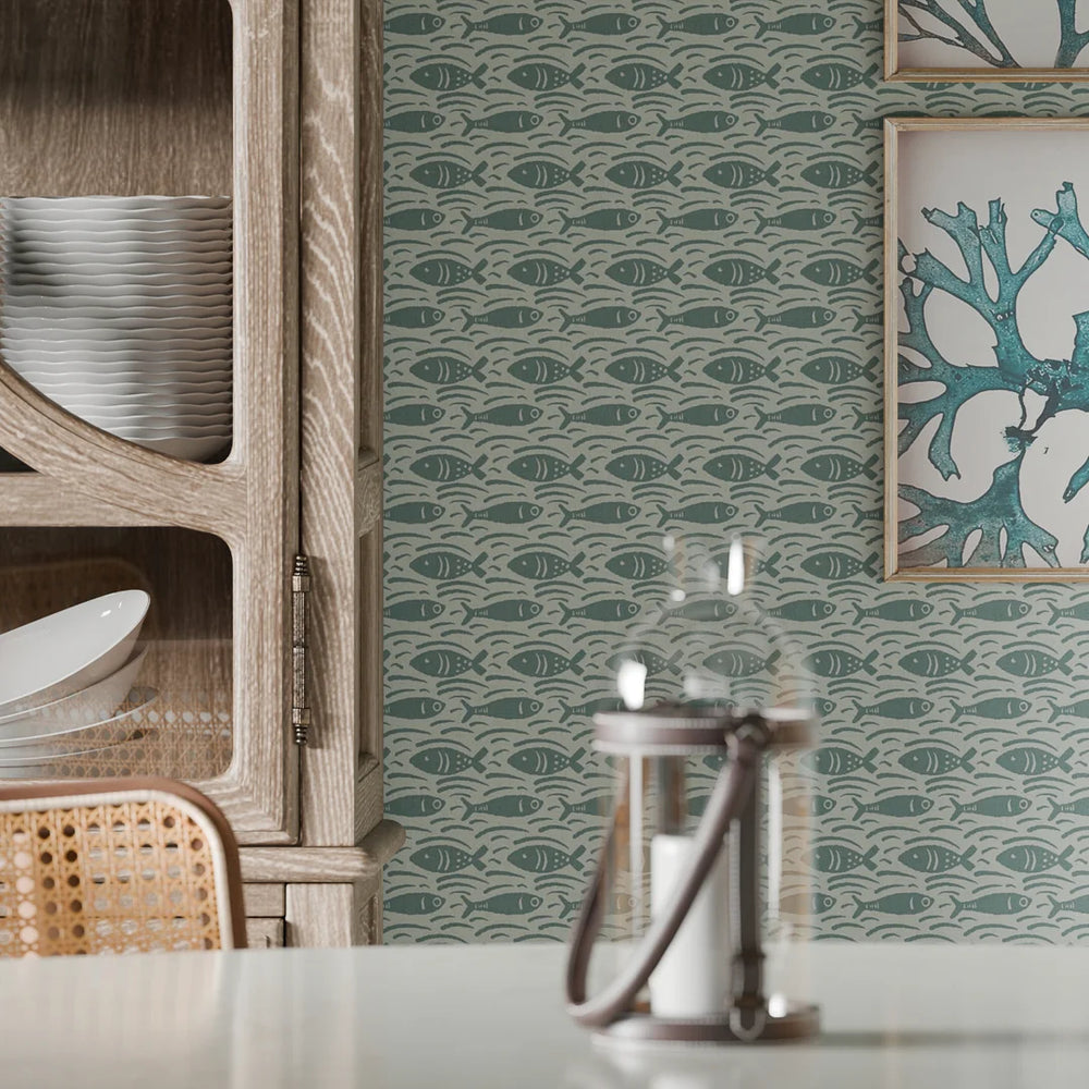Catch of the Day Wallpaper - Teal on Duck Egg - Lucie Annabel