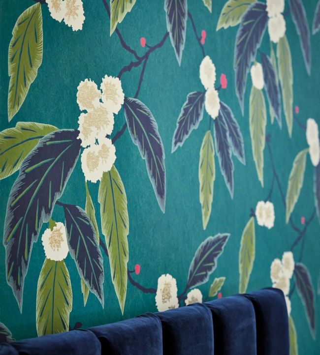 Coppice Wallpaper - Peacock / Azalea / Midnight - HSAW112132 - Harlequin
