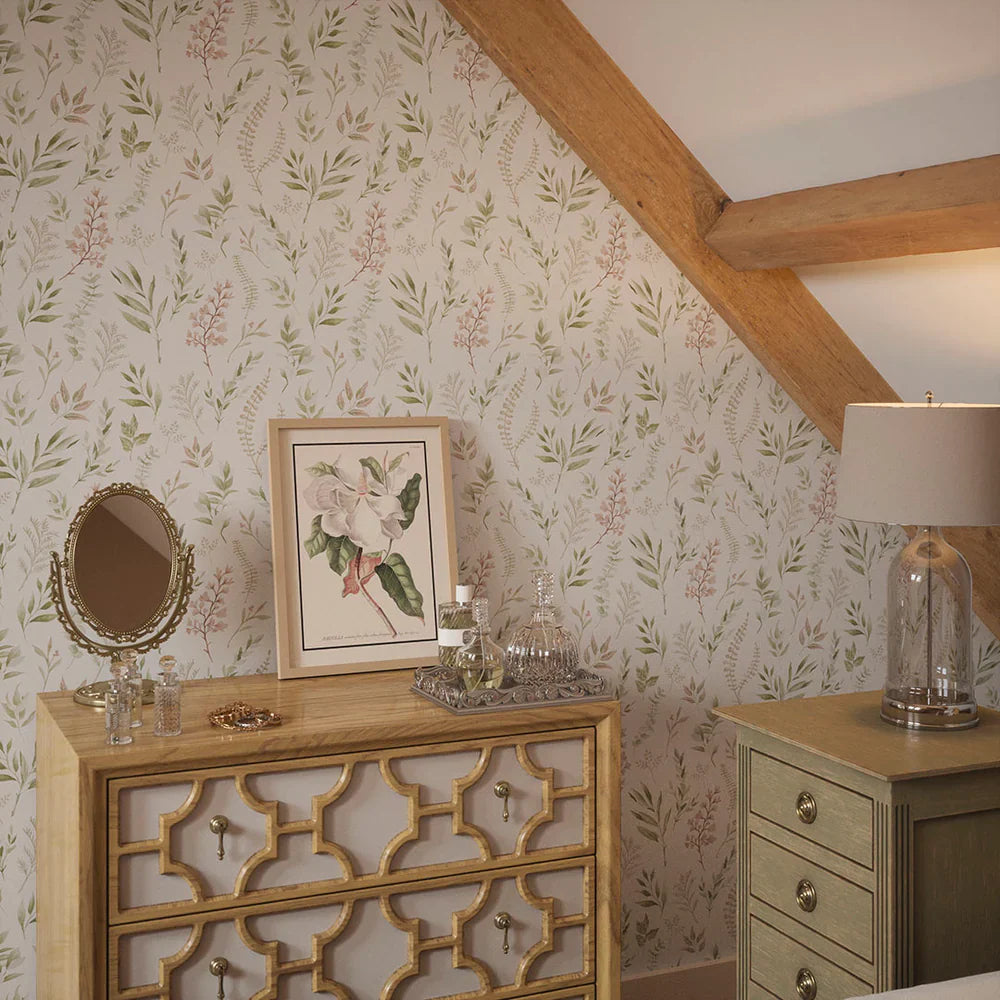 Countryside Trail Wallpaper - Blush, Olive & Sand on White - Lucie Annabel