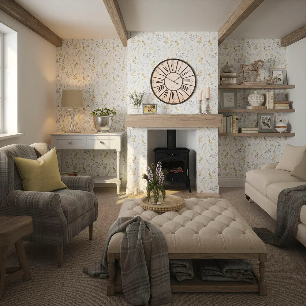 Countryside Trail Wallpaper - Ochre & Vintage Grey on Soft Cream - Lucie Annabel