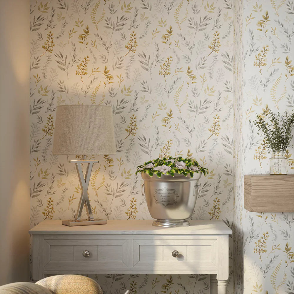 Countryside Trail Wallpaper - Ochre & Vintage Grey on Soft Cream - Lucie Annabel