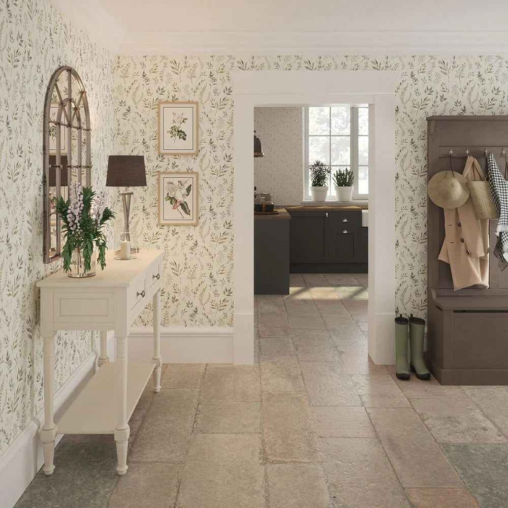Countryside Trail Wallpaper - Rustic Greens on Ivory Linen - Lucie Annabel