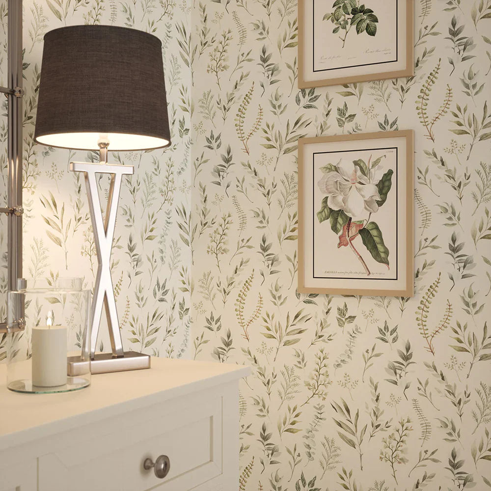 Countryside Trail Wallpaper - Rustic Greens on Ivory Linen - Lucie Annabel