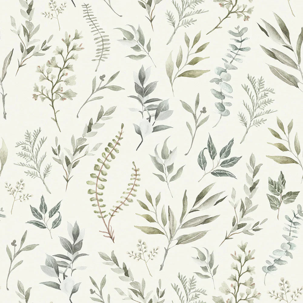 Countryside Trail Wallpaper - Rustic Greens on Ivory Linen - Lucie Annabel