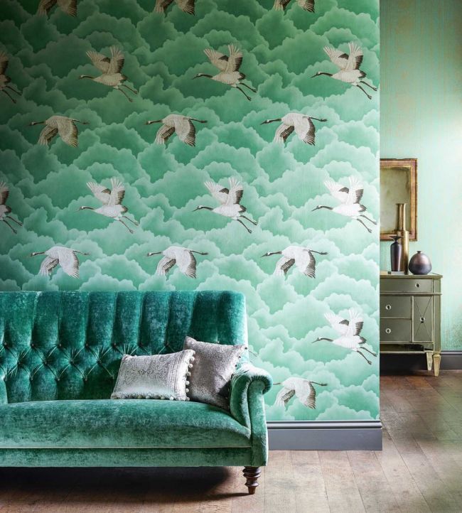 Cranes in Flight Wallpaper - Emerald - HGAT111233 - Harlequin