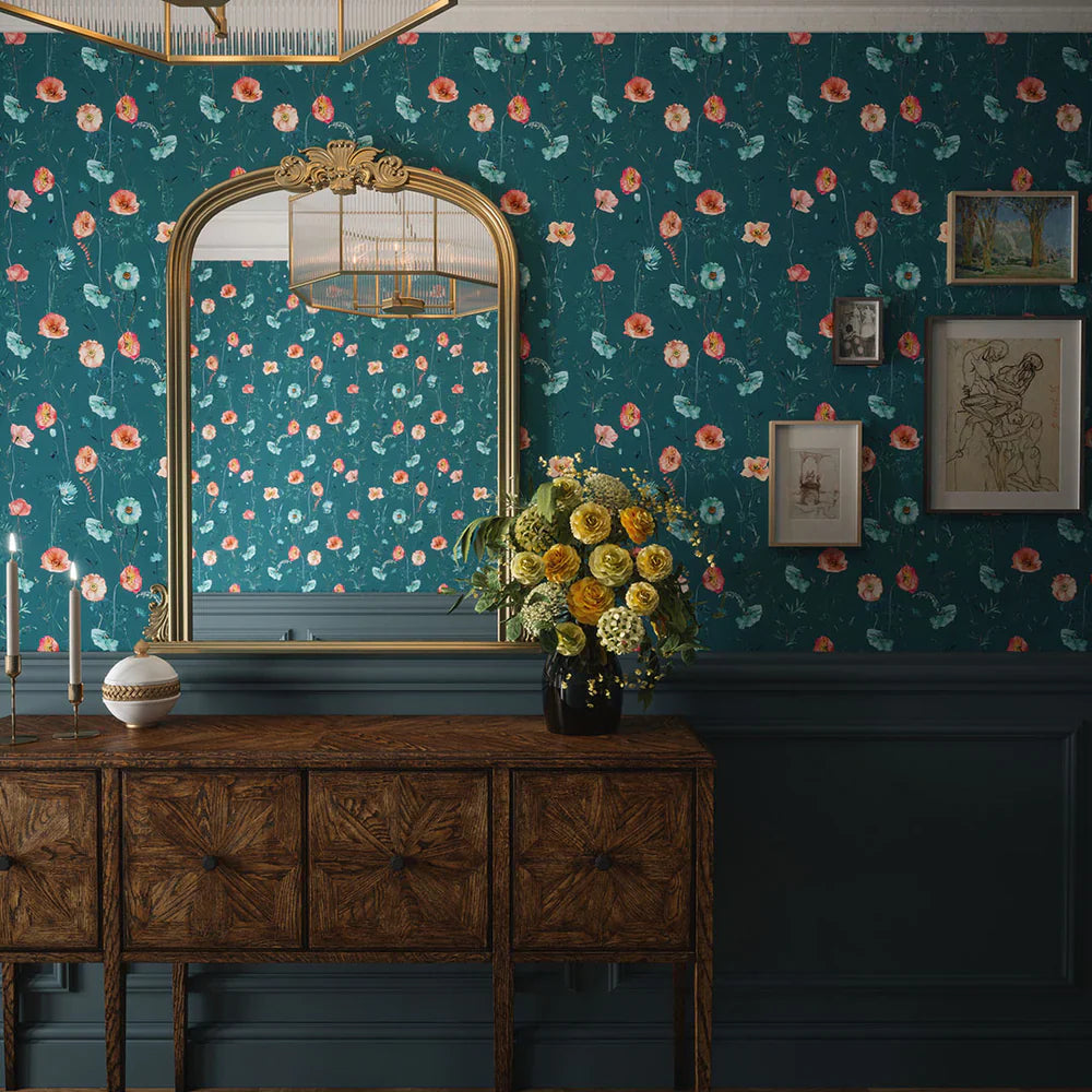 Delicate Stems Wallpaper - Shades of Coral on Teal - Lucie Annabel