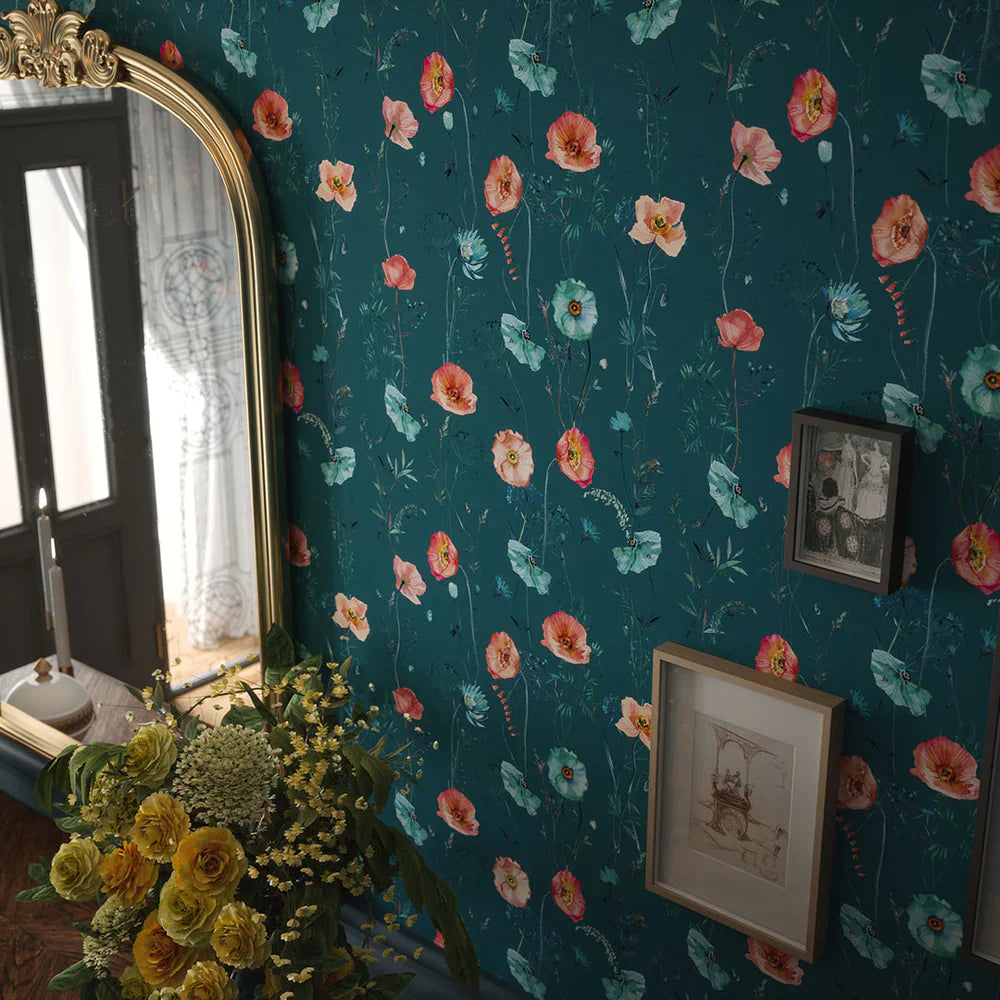 Delicate Stems Wallpaper - Shades of Coral on Teal - Lucie Annabel