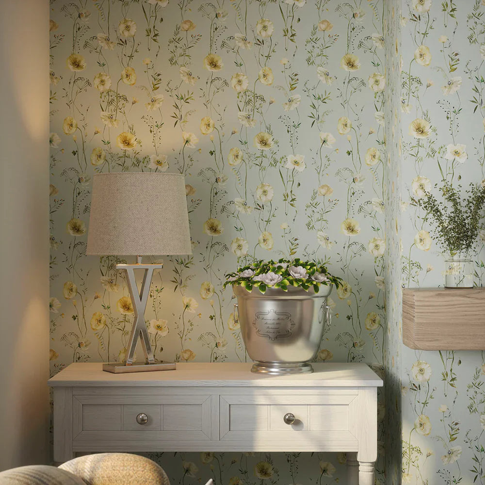 Delicate Stems Wallpaper - Shades of Cream on Seafoam Green - Lucie Annabel