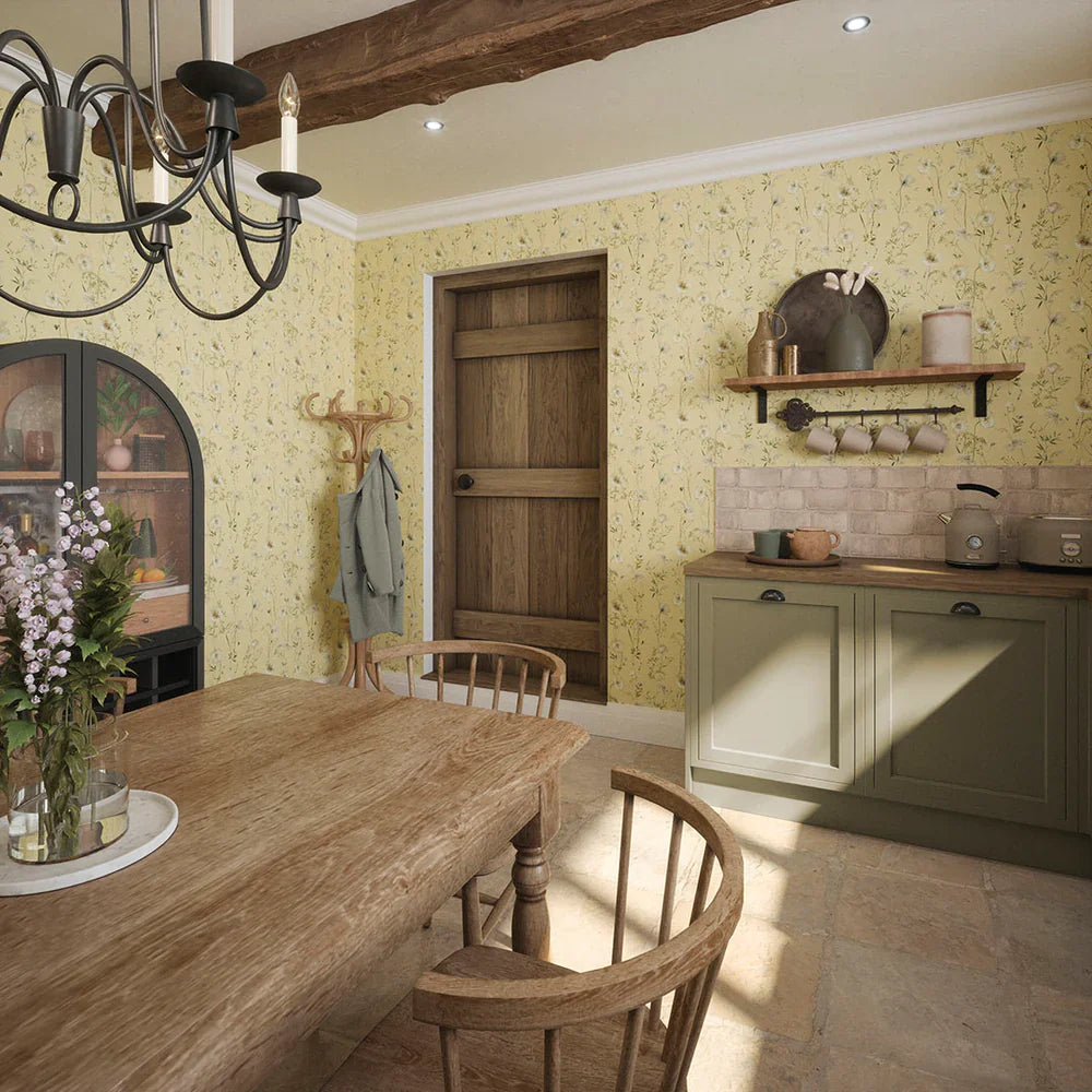 Delicate Stems Wallpaper - Shades of Cream on Soft Lemon - Lucie Annabel